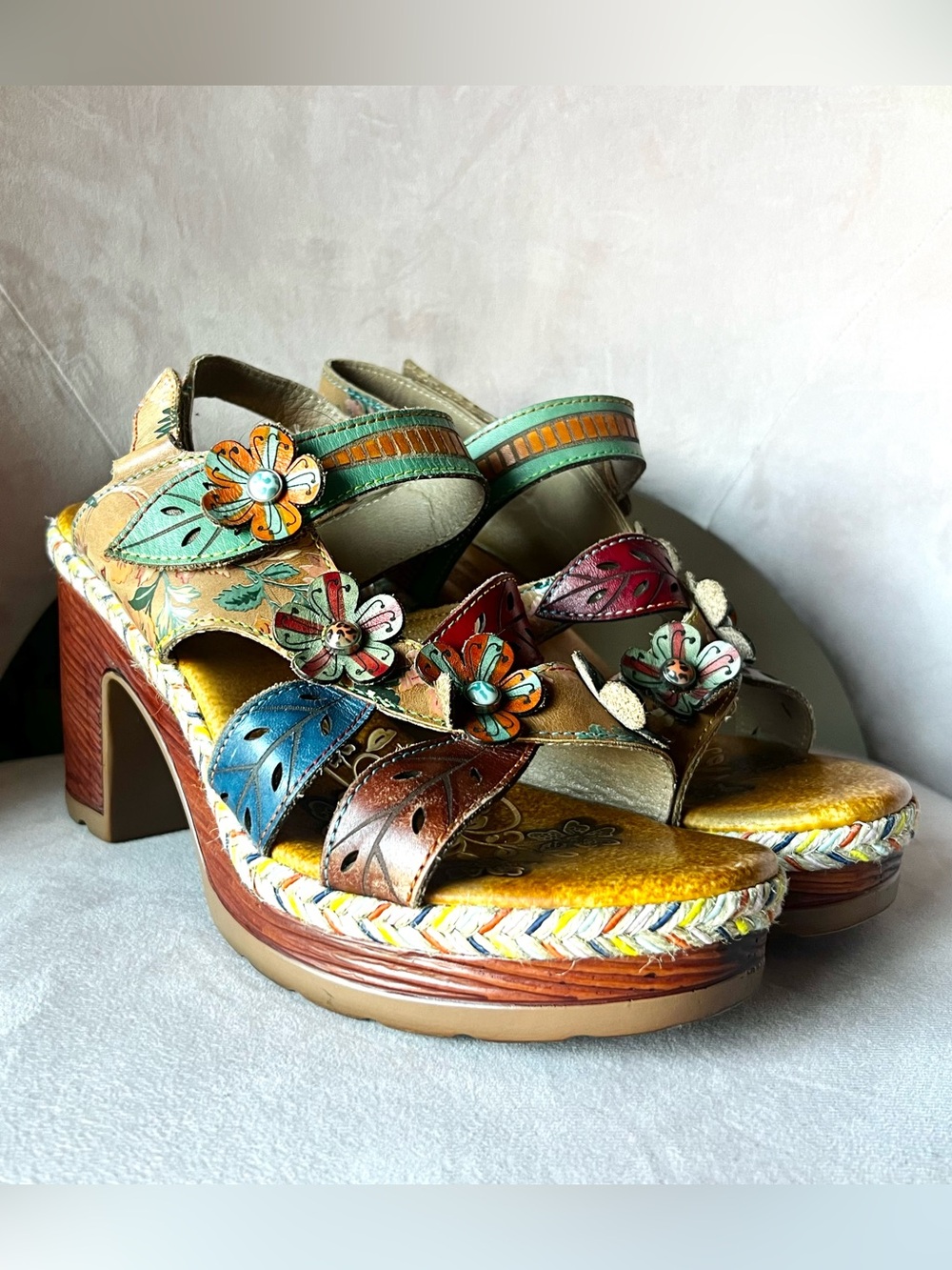 L’artiste Floral Leather Block Heel Sandals Size 41 - Boho Chic Platform - Picture 5 of 11
